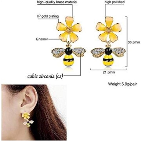 Whimsical Delight SS HoneyBee🐝Flower Drop Earrings Gold+Pavé Crystal Ear… - Picture 3 of 13